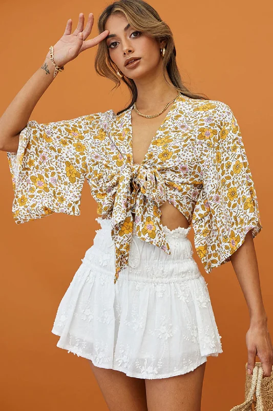 Rivera Deep-V Tie Front Crop Top Floral Print White/Yellow