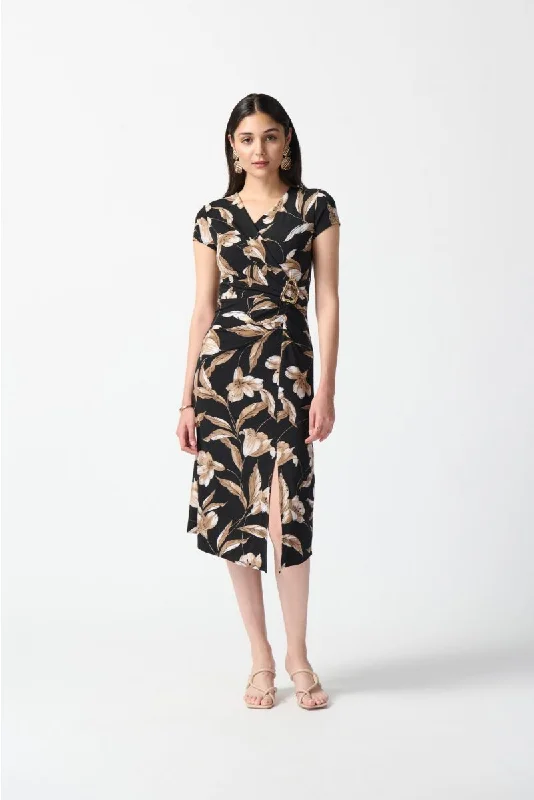 Joseph Ribkoff Black/Multi Floral Print Faux Wrap Midi A-Line Dress 242190