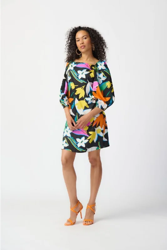 Joseph Ribkoff Black/Multi Floral Print Puff Sleeve Satin Shift Dress 241251