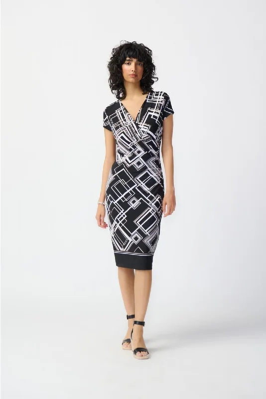 Joseph Ribkoff Black/Multi Geometric Print Cap Sleeve Sheath Dress 241295