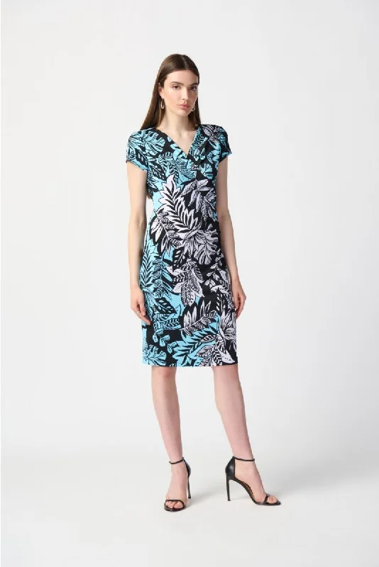 Joseph Ribkoff Black/Multi Tri-Tone Tropical Print Cap Sleeve Faux Wrap Sheath Dress 241287