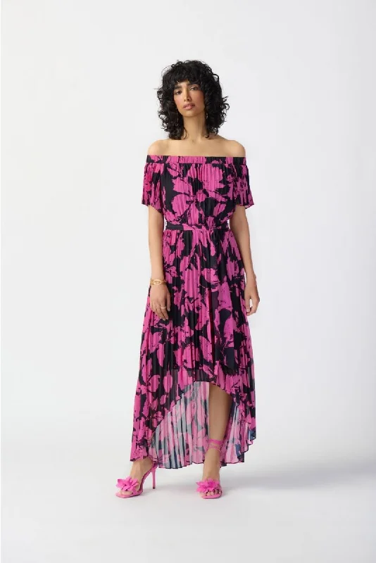 Joseph Ribkoff Black/Pink Pleated Floral Chiffon Off-Shoulder Maxi Dress 241908