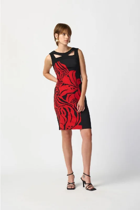 Joseph Ribkoff Black/Red Two-Tone Floral Print Sleeveless Sheath Dress 241210