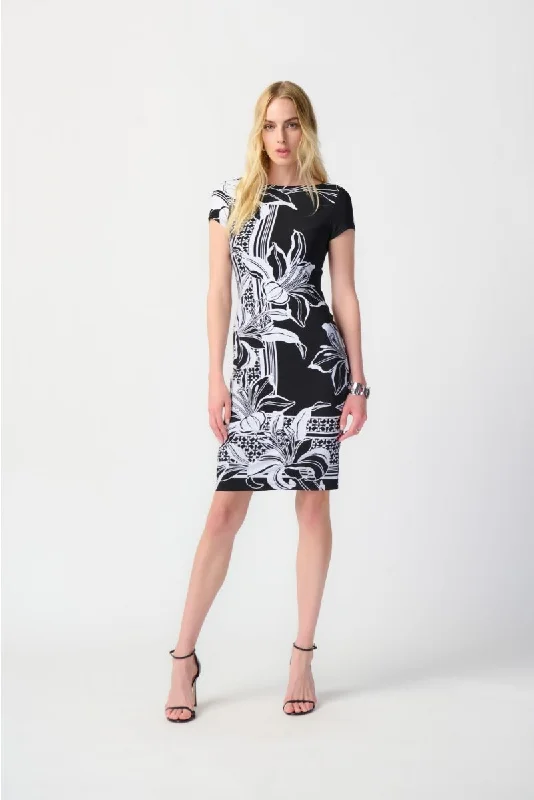 Joseph Ribkoff Black/Vanilla Floral Print Two-Tone Sheath Dress 241284