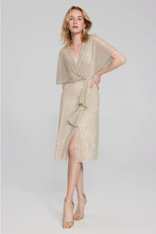 Joseph Ribkoff Champagne/Gold Pleated Faux Wrap Short Flutter Sleeves Fit & Flare Dress 241714