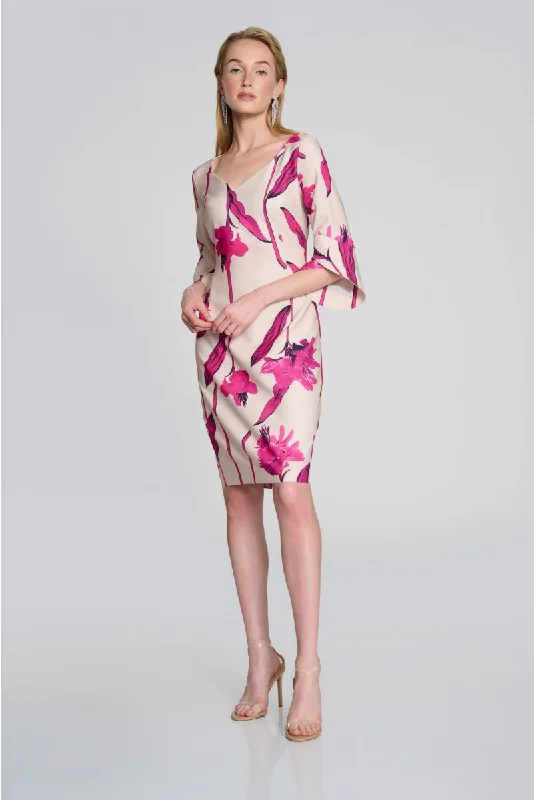 Joseph Ribkoff Light Sand/Pink Floral Print V-Neck Sheath Dress 242733